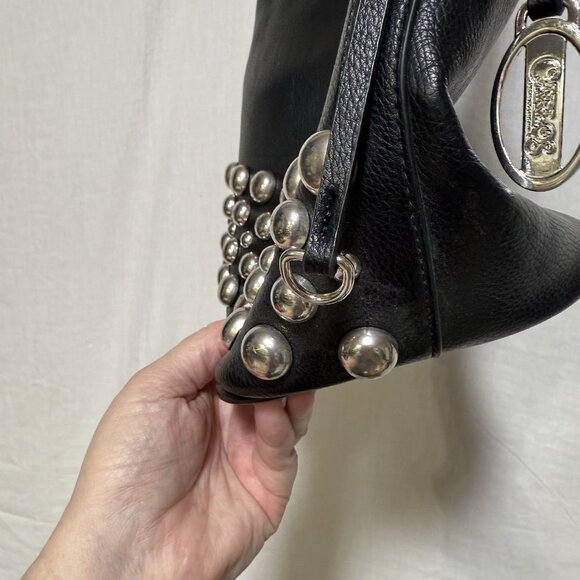 Carlos Santana Womens Purse Shoulder Bag Black Faux Leather Studded Bottom Studs - Picture 2 of 8